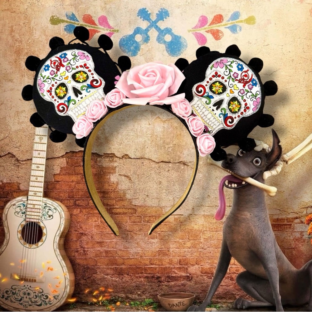 Colorful Skull Ears Headband with Pink Roses